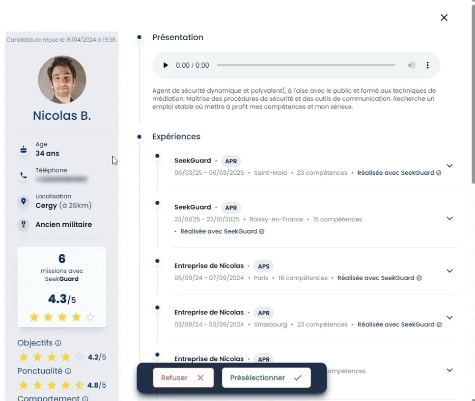 Une démonstration du CV amélioré des agents de sécurité privé visible sur la plateforme SeekGuard pour les recruteurs de la sécurité privé. Recrutement d'agent de sécurité sur la plateforme SeekGuard.